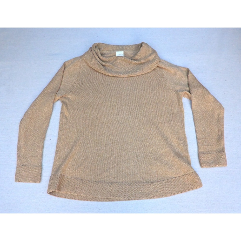 Chicos Womens 2 Tan Cowl Neck Sweater Gold Sparkle Raglan Sleeve Cotton Blend